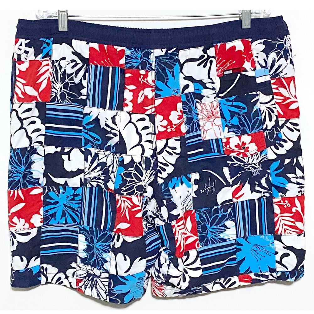 Tommy Hilfiger Patchwork Swim Board Shorts Mens L Vacation Hawaiian Beach Cruise - Picture 2 of 9